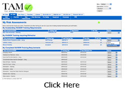 TAM's Safe System of Work template allows staff to access all Risk Assessment/Safe Systems of Work training requirements that are relevant to them and highlights which ones they still need training on. Items in bold blue text are Safe Systems of Work training that still require their action.